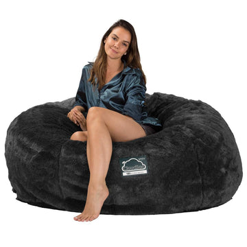 LOUNGE PUG Jumbo Memory Foam Bean Bag Sofa XXL Giant Beanbag Love Seat Faux Fur Black CloudSac 1010
