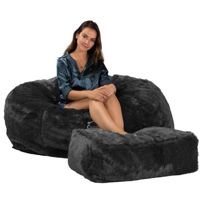LOUNGE PUG Jumbo Memory Foam Bean Bag Sofa XXL Giant Beanbag Love Seat Faux Fur Black CloudSac 1010