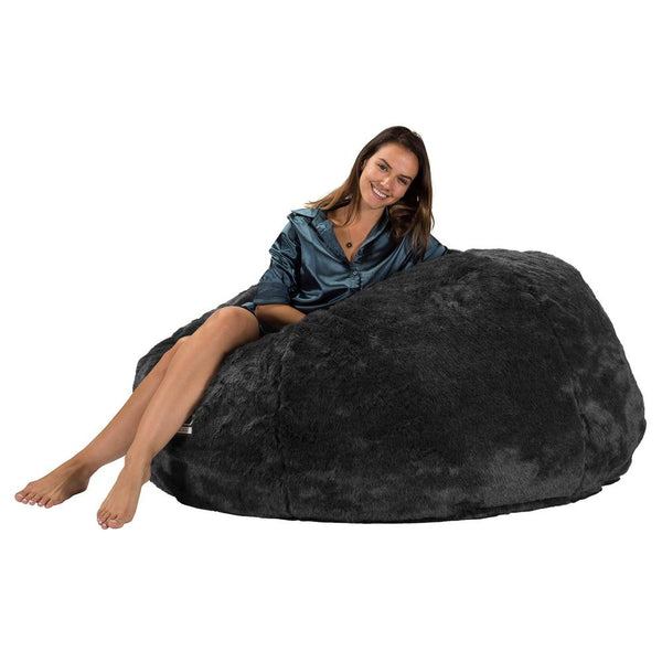 CloudSac 1010 XXL Giant Memory Foam Bean Bag Sofa - Faux Fur Sheepskin Black Fabric Close-up Image