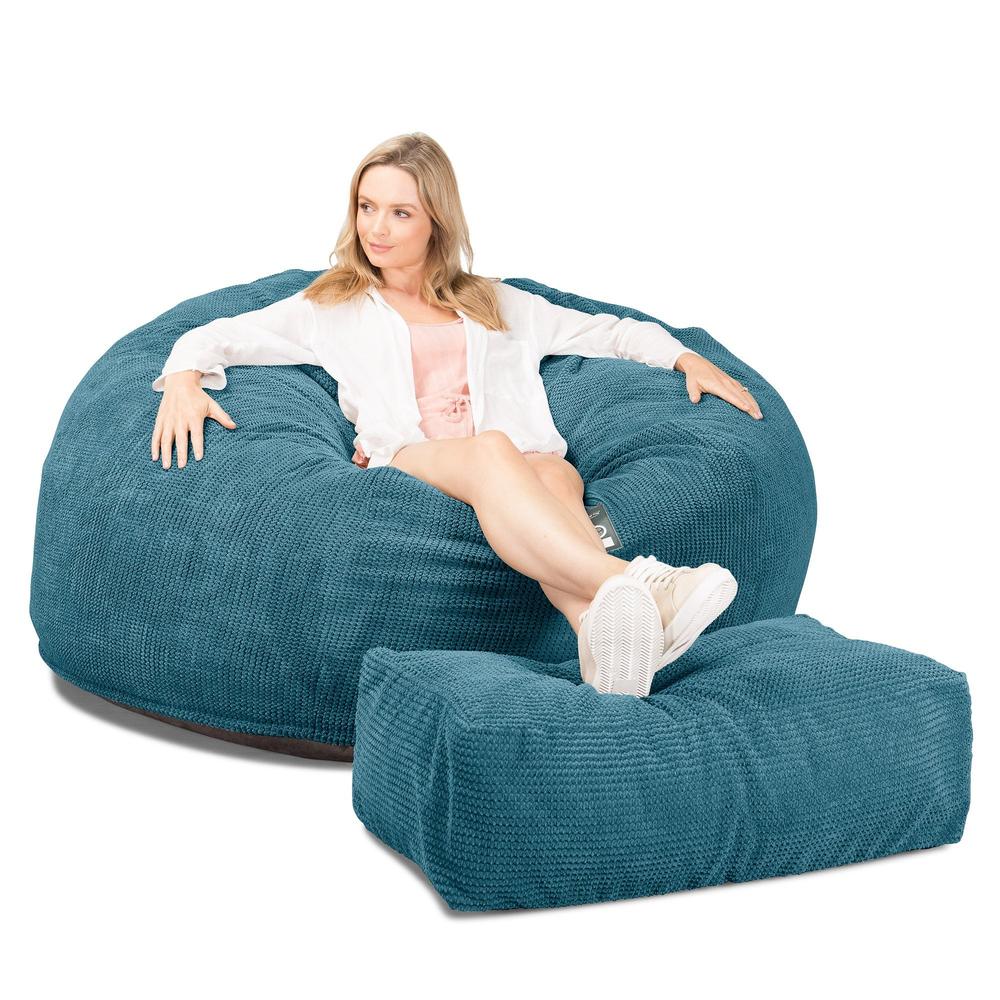 LOUNGE PUG Jumbo Memory Foam Bean Bag Sofa XXL Giant Beanbag Love Seat Pom Pom Aegean Blue CloudSac 1010