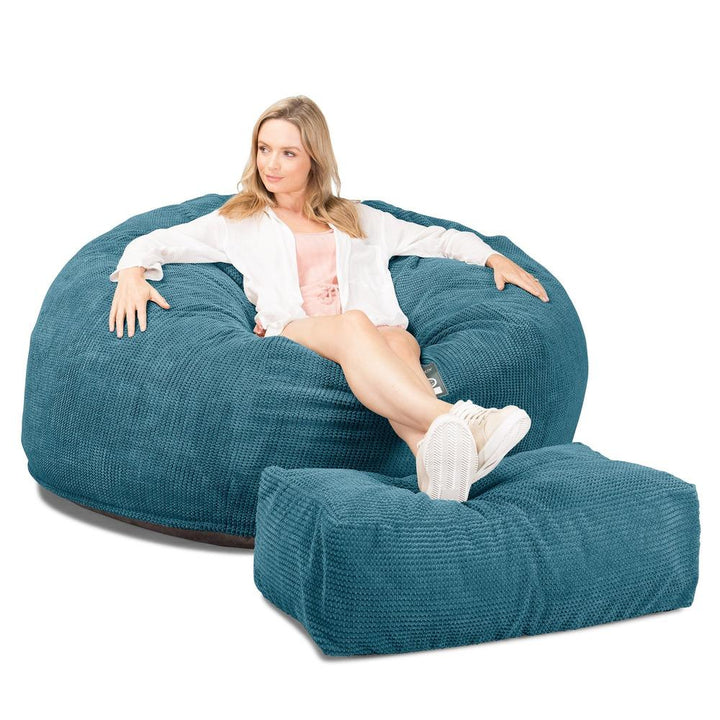 LOUNGE PUG Jumbo Memory Foam Bean Bag Sofa XXL Giant Beanbag Love Seat Pom Pom Aegean Blue CloudSac 1010