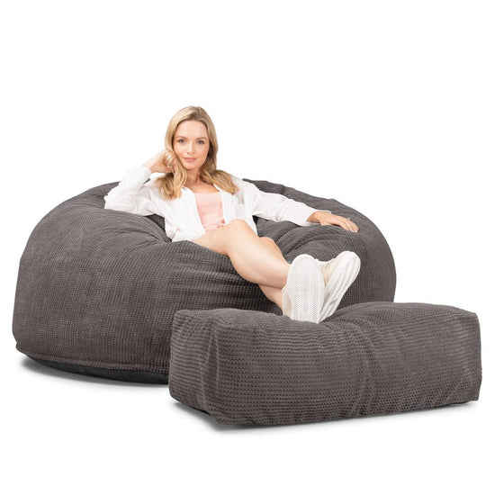 LOUNGE PUG Jumbo Memory Foam Bean Bag Sofa XXL Giant Beanbag Love Seat Pom Pom Charcoal Grey CloudSac 1010