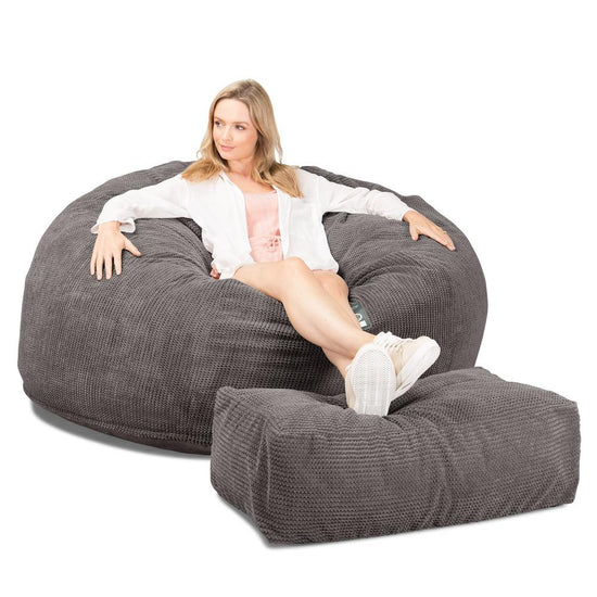 LOUNGE PUG Jumbo Memory Foam Bean Bag Sofa XXL Giant Beanbag Love Seat Pom Pom Charcoal Grey CloudSac 1010