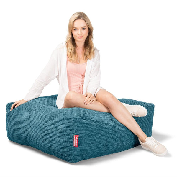 LOUNGE PUG CloudSac 250 Memory Foam Ottoman Pouf Pom Pom Aegean Blue