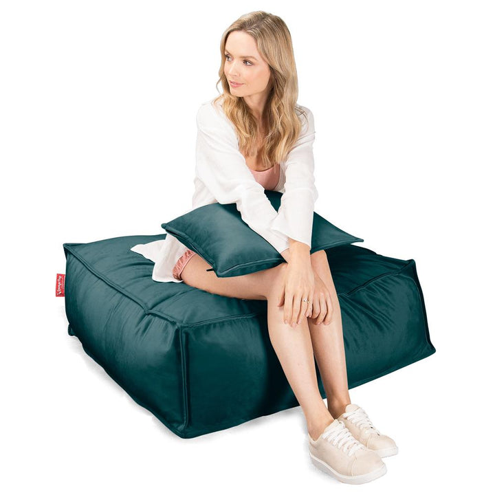 LOUNGE PUG CloudSac 250 Memory Foam Ottoman Pouf Velvet Teal Blue