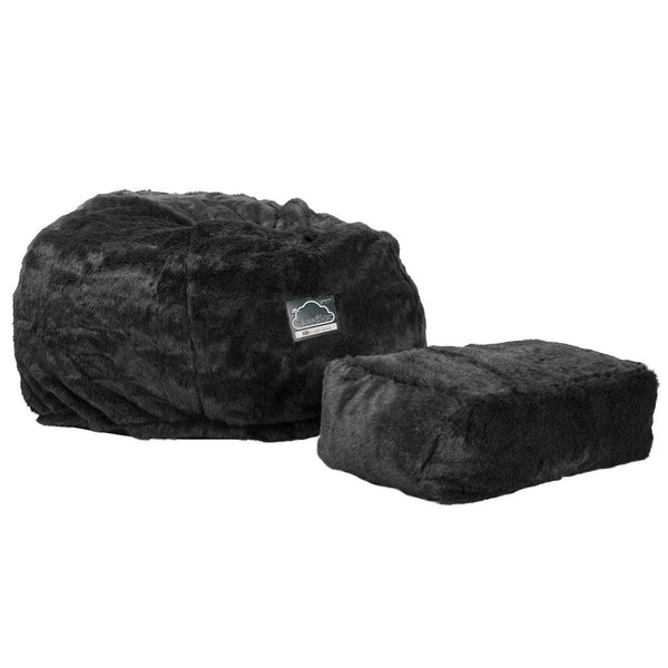 CloudSac 510 XL Large Memory Foam Beanbag - Faux Fur Sheepskin Black Fabric Close-up Image