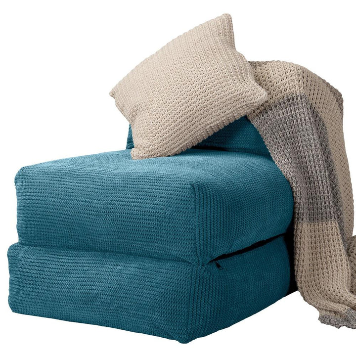LOUNGE PUG Avery Single Futon Chair Bed Folding Sofa Bed Guest Bed Pom Pom Aegean Blue