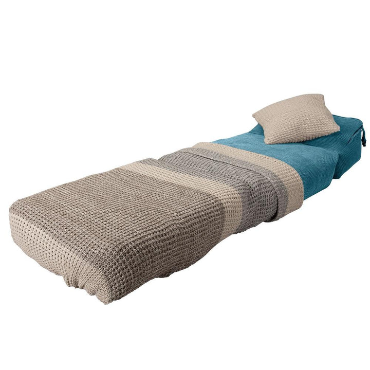 LOUNGE PUG Avery Single Futon Chair Bed Folding Sofa Bed Guest Bed Pom Pom Aegean Blue