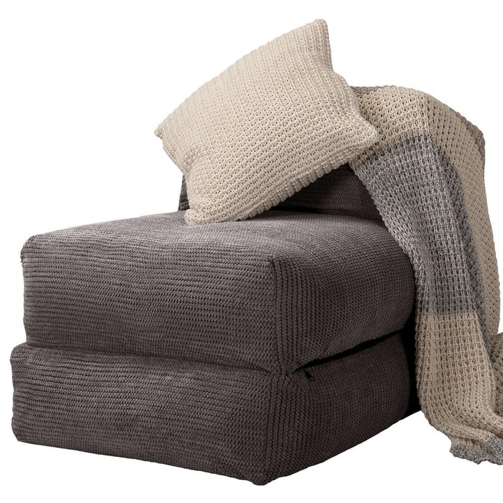LOUNGE PUG Avery Single Futon Chair Bed Folding Sofa Bed Guest Bed Pom Pom Charcoal Grey