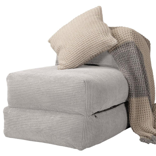 LOUNGE PUG Avery Single Futon Chair Bed Folding Sofa Bed Guest Bed Pom Pom Ivory