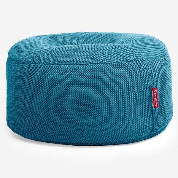 LOUNGE PUG ELLOS KNIT Large Hassock POUFFE Footstool Round PETROL BLUE (Size 30cm H x 70cm Dia)