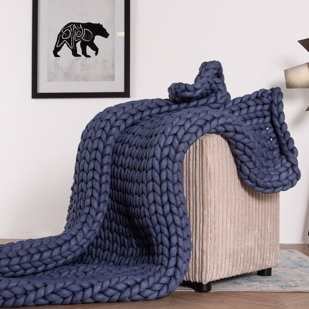 LOUNGE PUG Heavy Calming Anxiety WEIGHTED BLANKET for Adults CHUNKY KNIT DARK BLUE 5 KG 135 x 150 cm