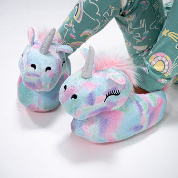Children's Fluffy Multi Coloured Unicorn Novelty Slippers 02