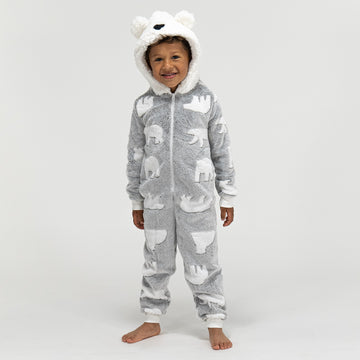 Kids Polar Bear Printed Hooded Fleece Onesie 5 10 Years Grey