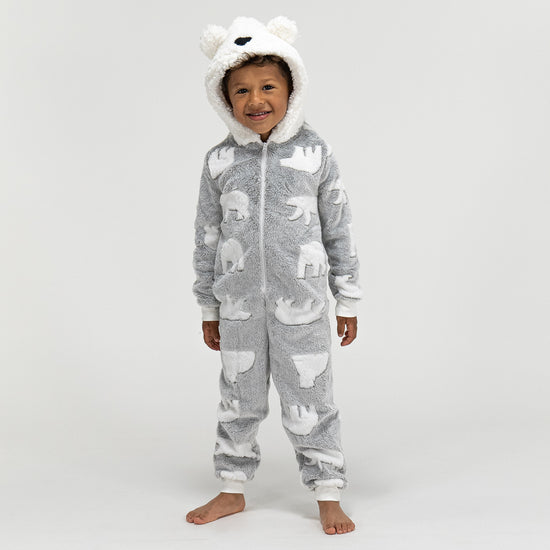 Kids Polar Bear Printed Hooded Fleece Onesie 5 10 Years Grey Big Bertha Original UK