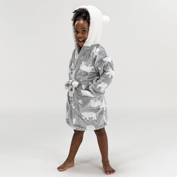 Kids Polar Bear Printed Hooded Fleece Robe Dressing Gown 5 10 Years Grey Big Bertha Original UK