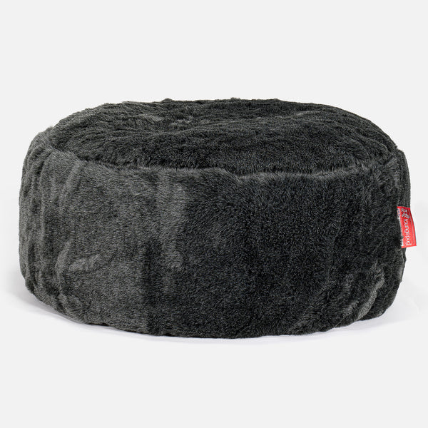 Large Round Pouffe - Faux Fur Sheepskin Black 01