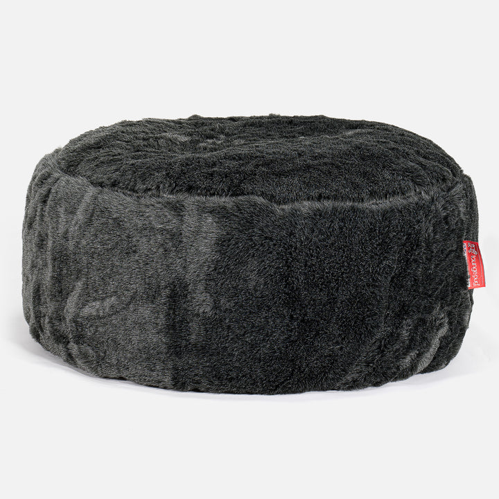 Large Round Pouffe - Faux Fur Sheepskin Black 01