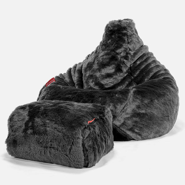 Highback Bean Bag Chair - Faux Fur Sheepskin Black 01