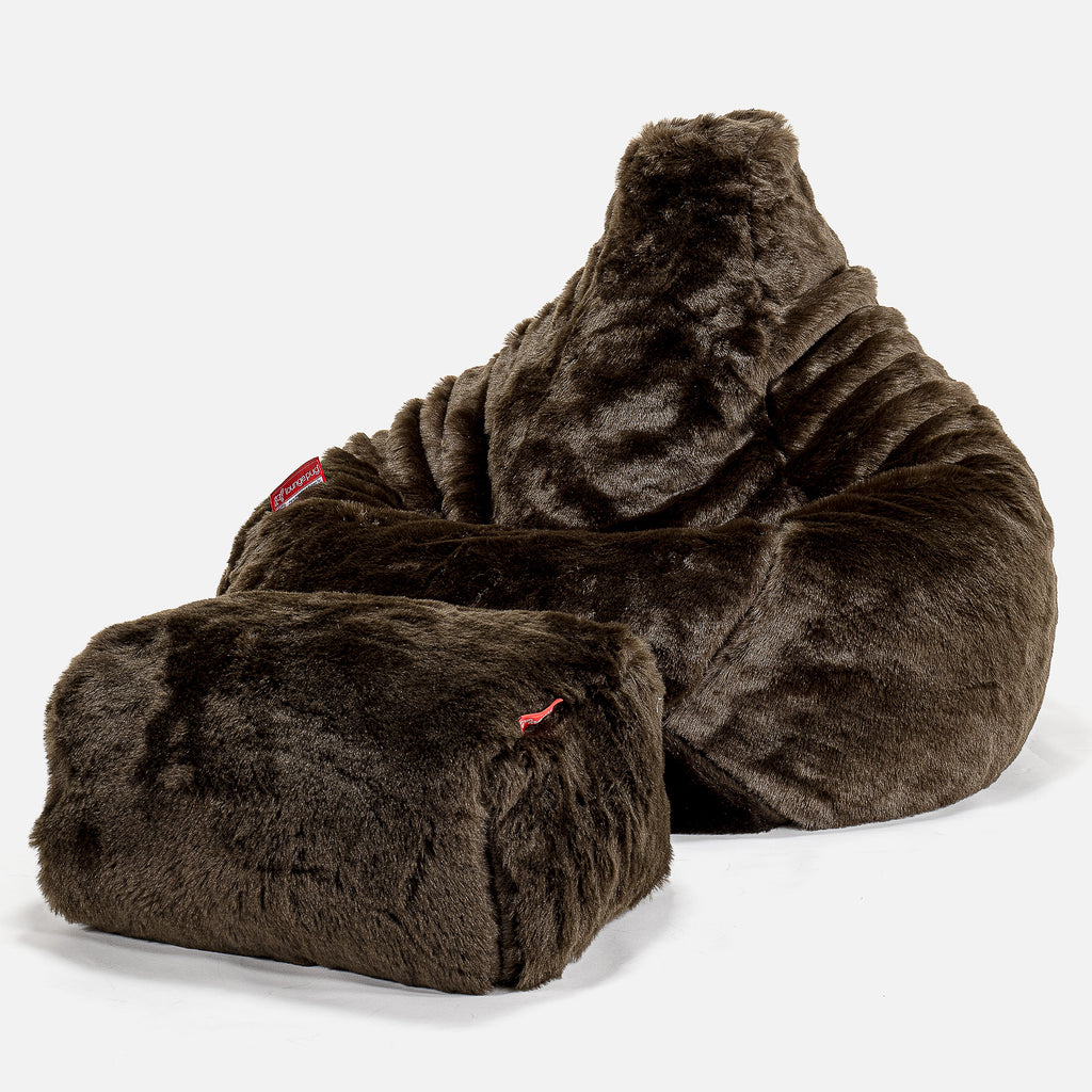 Highback Bean Bag Chair - Faux Fur Sheepskin Brown 01