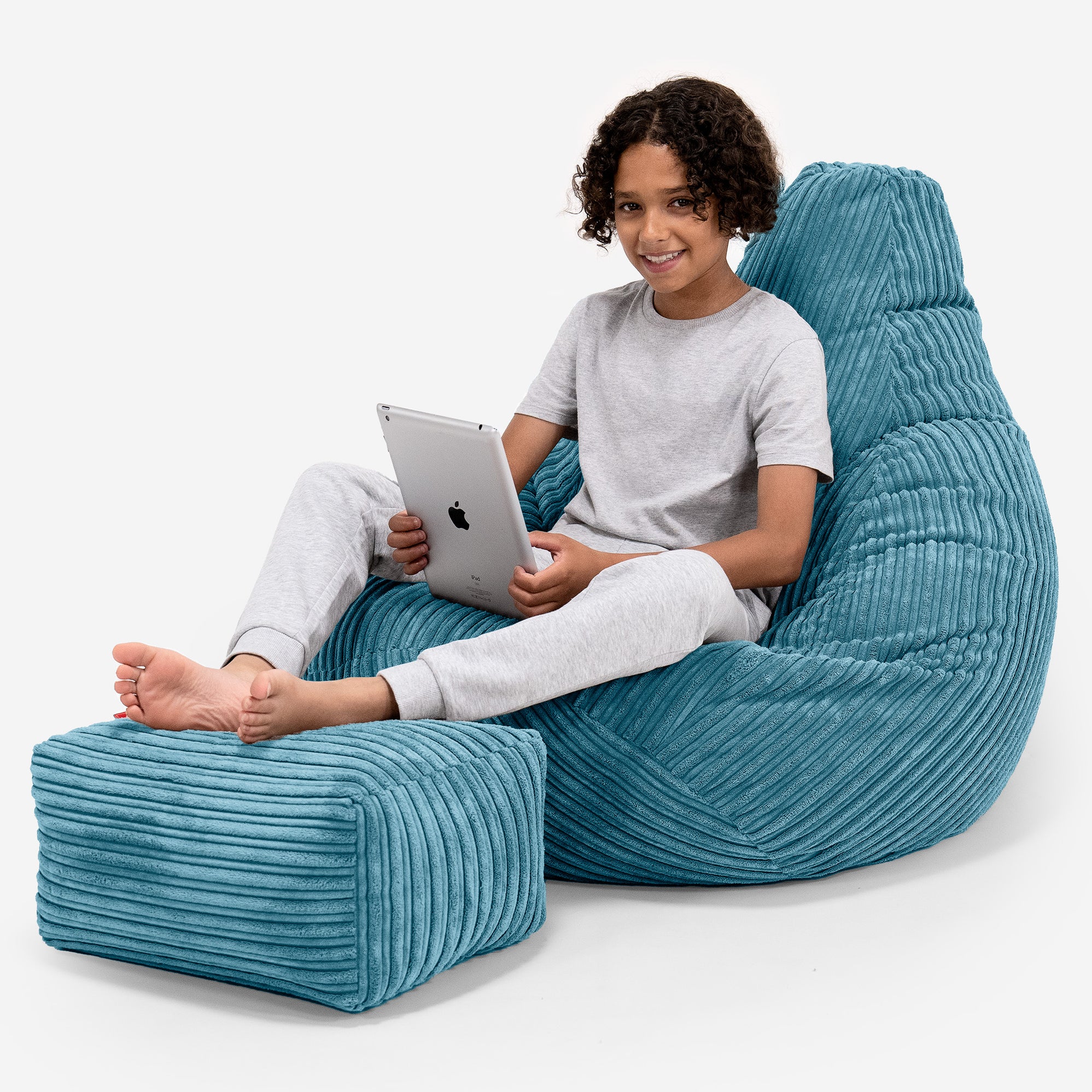 Lounge Pug Kids Gaming Chair Bean Bag Cord Aegean Blue Highback