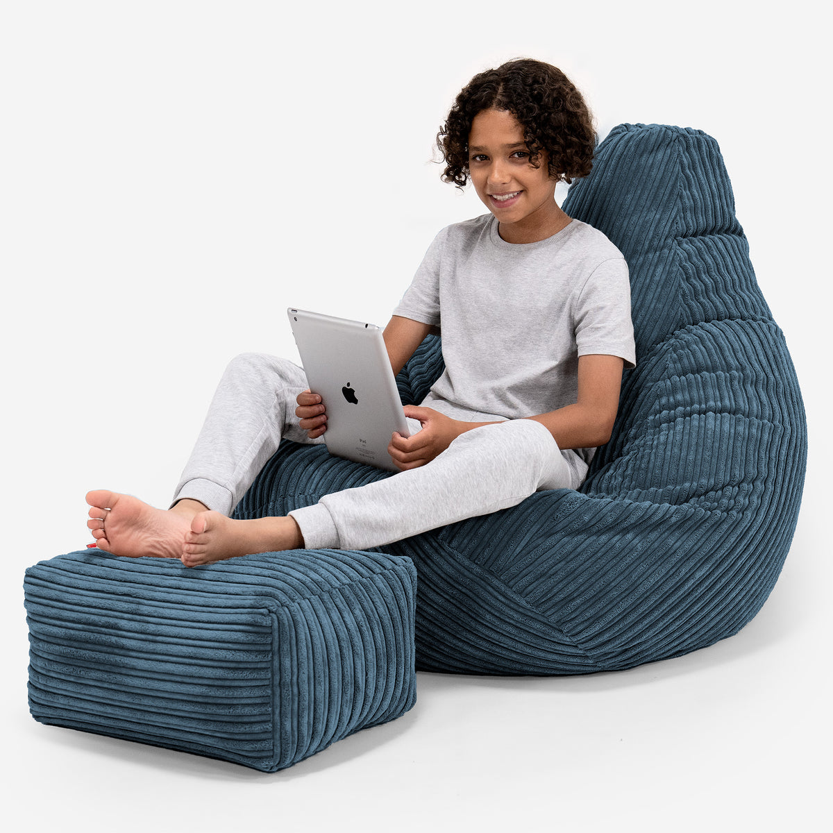 Lounge Pug Kids Gaming Chair Bean Bag Cord Navy Blue Highback
