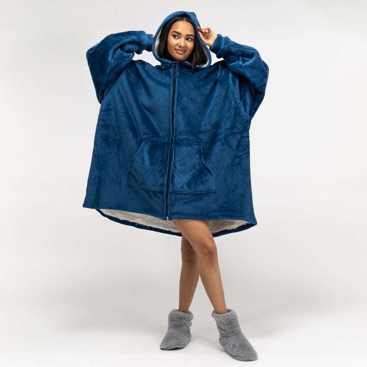 Oversized Zip Up Hoodie Blanket Sweatshirt for Men or Women Minky Dark Blue