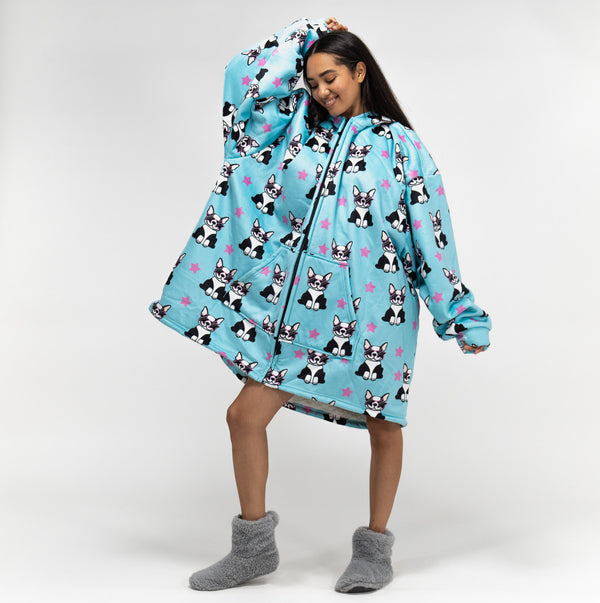 Oversized Zip Up Hoodie Blanket Sweatshirt for Men or Women - Minky Pug 01