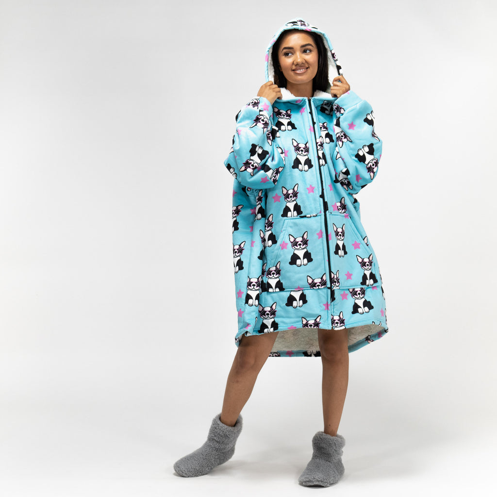 Oversized Zip Up Hoodie Blanket Sweatshirt for Men or Women - Minky Pug 02