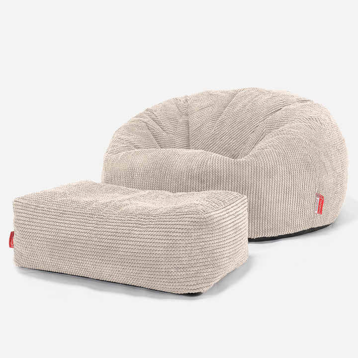 Lounge Pug Poef Zitzak van Corduroy, Ronde Grote Voetenbank, Ivoor Lounge Pug Poef Zitzak van Corduroy, Ronde Grote Voetenbank, Ivoor