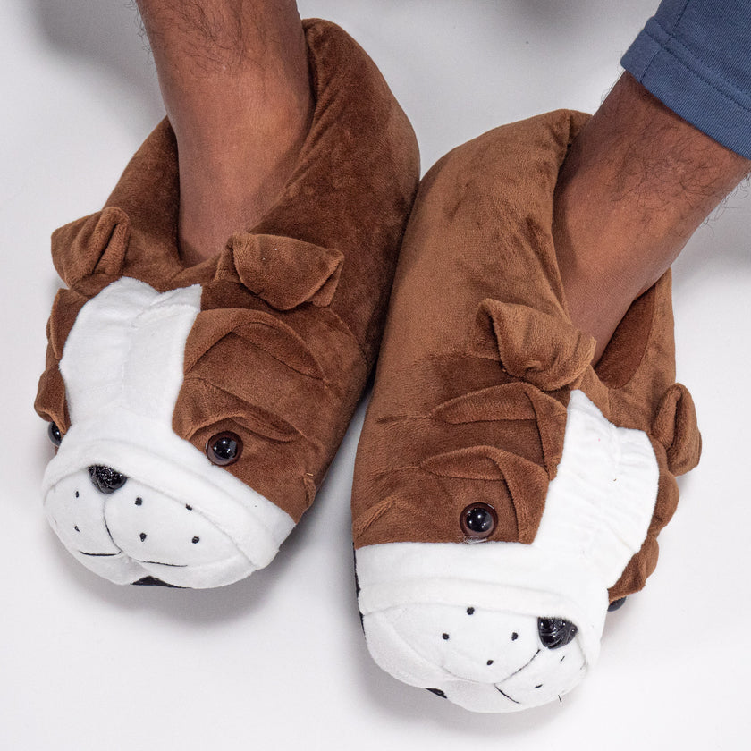 Men s Bulldog Novelty Slippers Size 7 12 Brown Big Bertha