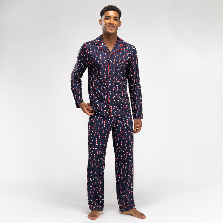 Men s Candy Cane Stripe Christmas Pyjamas Long Sleeve Trouser Set Size S XL Navy Blue Big Bertha Original UK