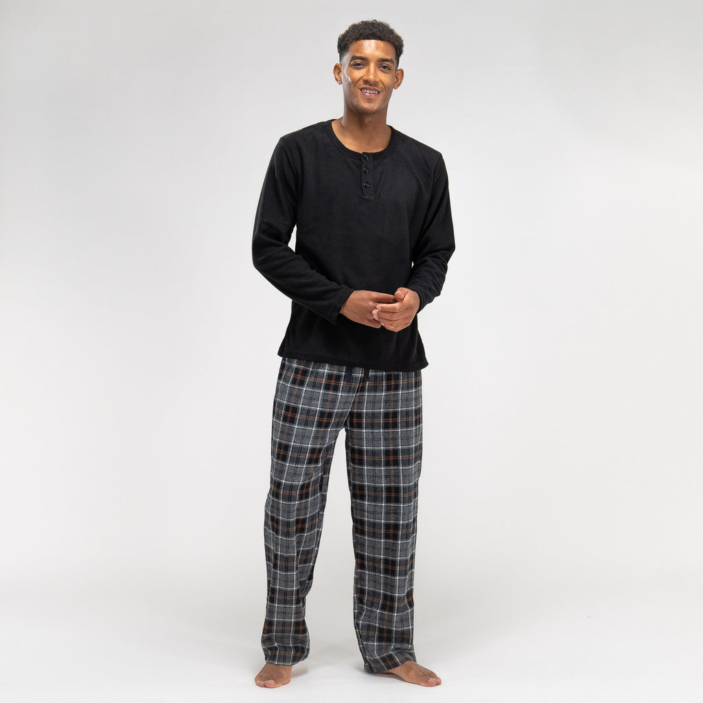 Men s Check Pyjamas Long Sleeve Trouser Set Size M XXL Black