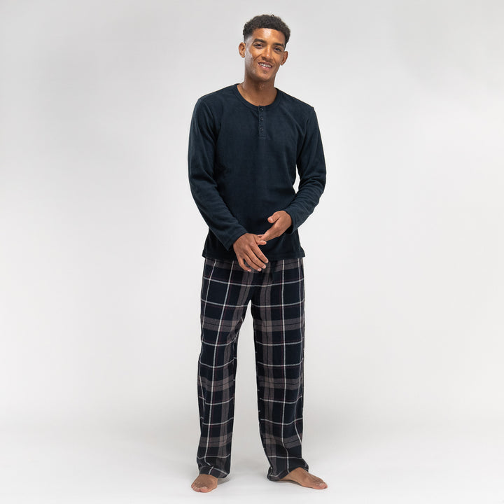 Men s Check Pyjamas Long Sleeve Trouser Set Size M XXL Navy Blue Big Bertha Original UK