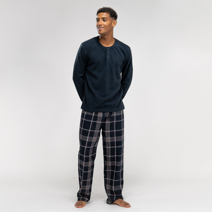 Men s Check Pyjamas Long Sleeve Trouser Set Size M XXL Navy Blue Big Bertha Original UK
