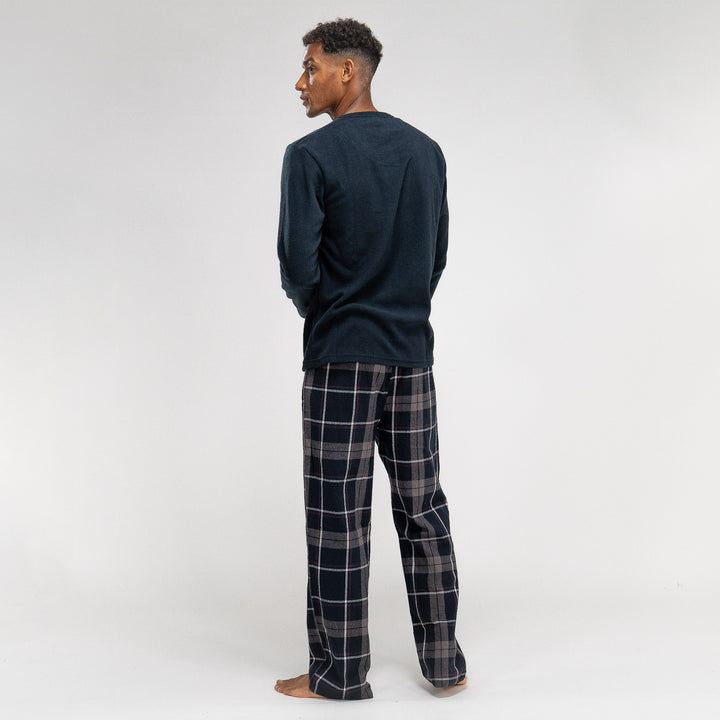 Men s Check Pyjamas Long Sleeve Trouser Set Size M XXL Navy Blue Big Bertha Original UK