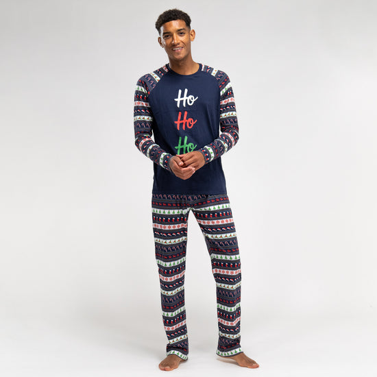 Men s Christmas Fairisle Printed Jersey Pyjamas Long Sleeve Trouser Set Size S XL Navy Blue Big Bertha Original UK