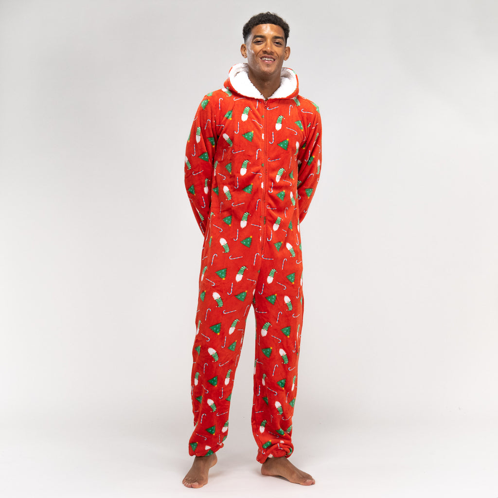 Men's Red Fleece Christmas Print Onesie 02