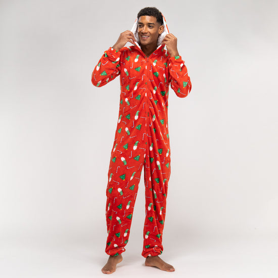 Men's Red Fleece Christmas Print Onesie 03