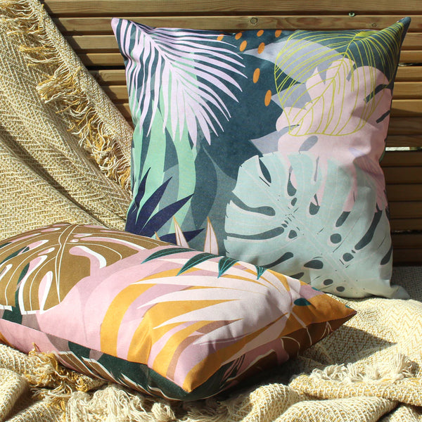 Outdoor Rectangular Cushion Cover 35 x 50cm - Tropical Leaf Print Fabric Close-up Image