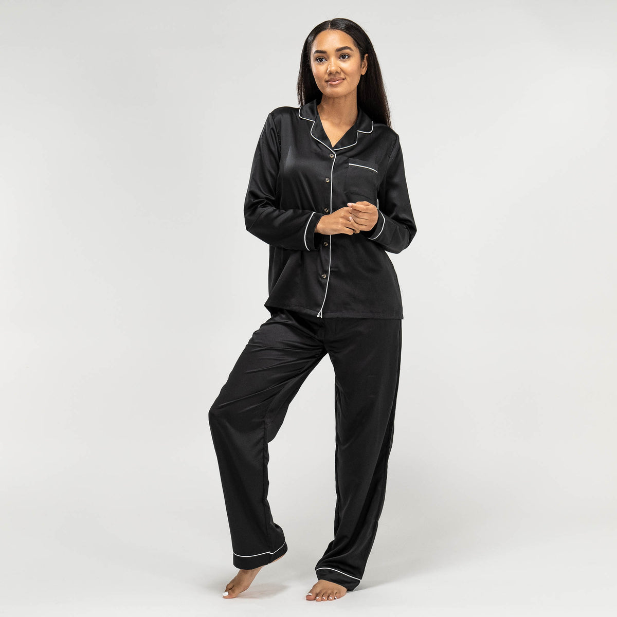 Women's Black Satin Pyjamas Long Sleeve Trouser Set, Size: XS-XL