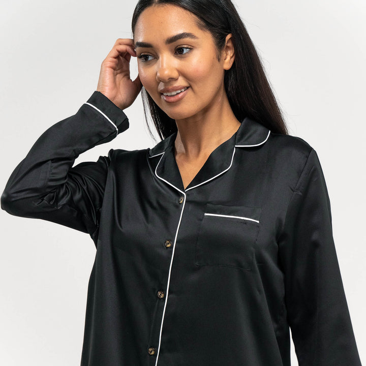 Women s Black Satin Pyjamas Long Sleeve Trouser Set Size XS XL White Piping Big Bertha Original UK