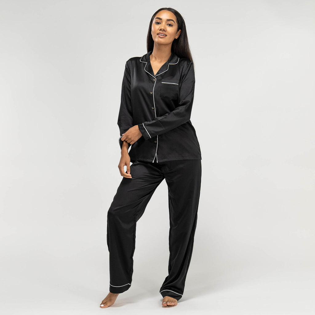 Black satin pyjamas store with white piping