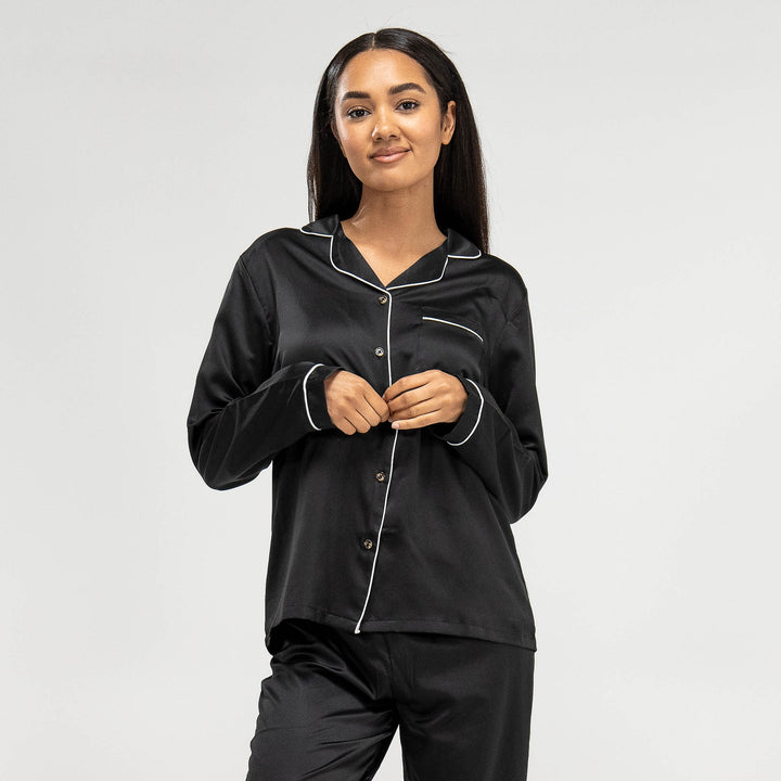 Women s Black Satin Pyjamas Long Sleeve Trouser Set Size XS XL White Piping Big Bertha Original UK