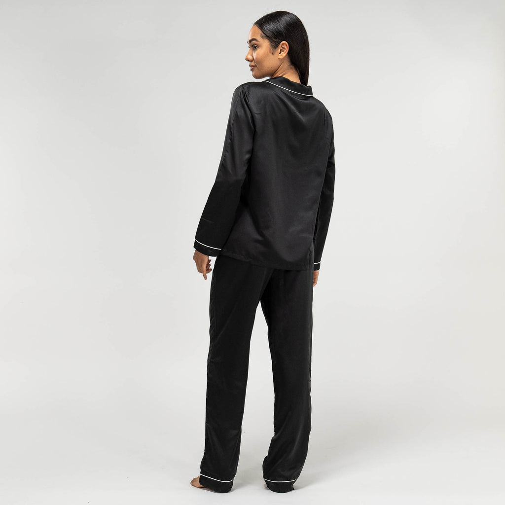 Women's Black Satin Trouser Pyjamas 06