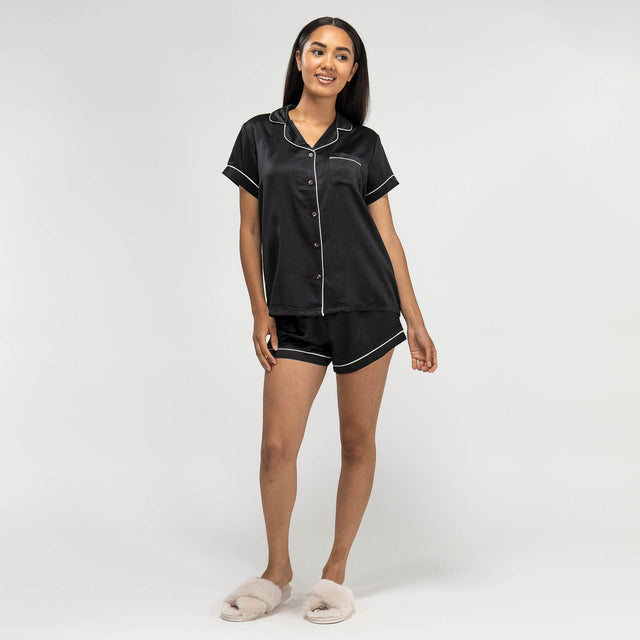 Women's Black Satin Short Pyjamas 01