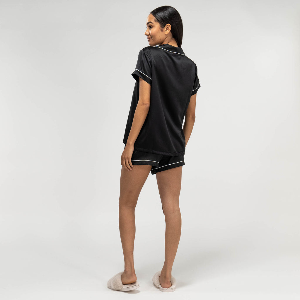 Women's Black Satin Short Pyjamas 06