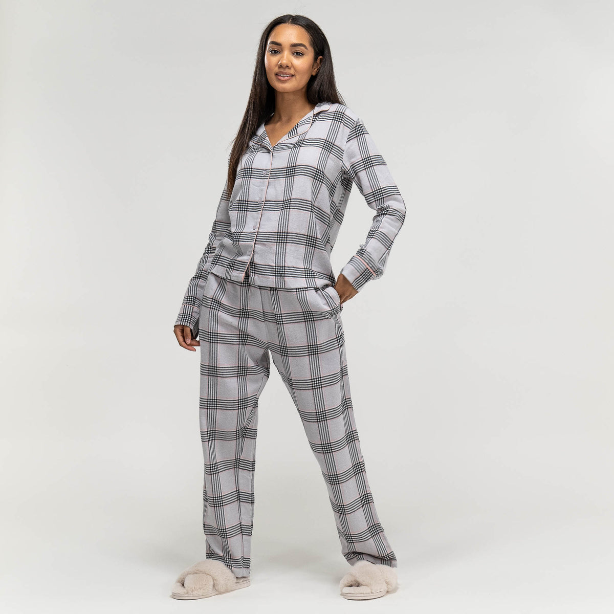 Women s Check Cotton Pyjamas Long Sleeve Trouser Set Size XS L