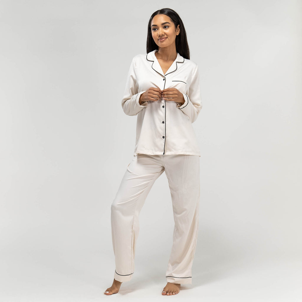 Women's Cream Satin Trouser Pyjamas 01