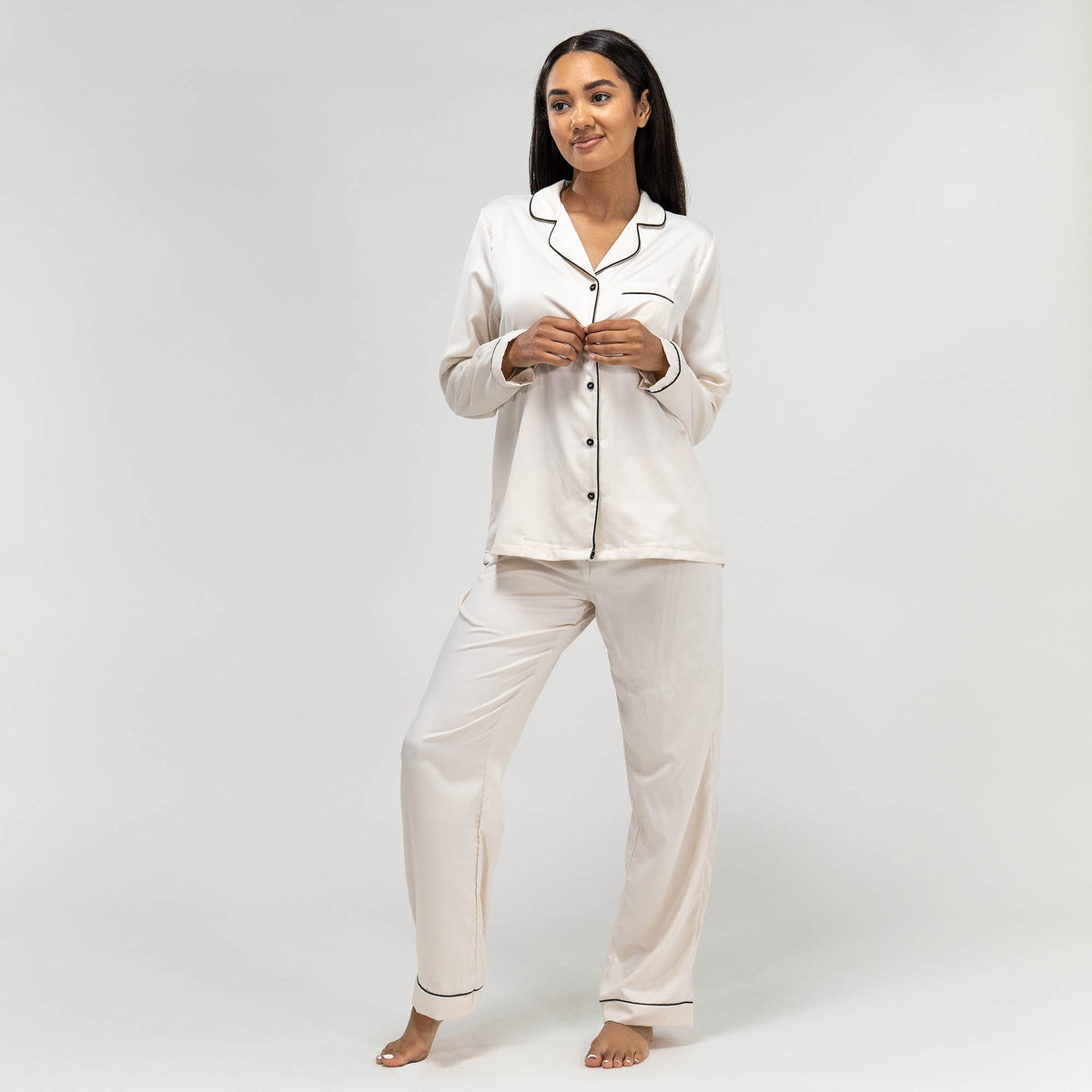 Women s Cream Satin Pyjamas Long Sleeve Trouser Set Size XS XL